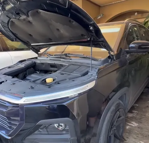 Camioneta negra con el cofre abierto lista para la instalación